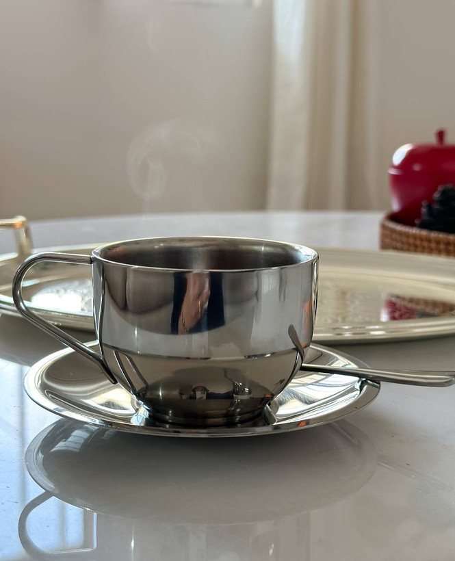فنجون دوجداره استیل حجم ١٨٠میل به همراه نعلبکی و قاشق استیل 304
