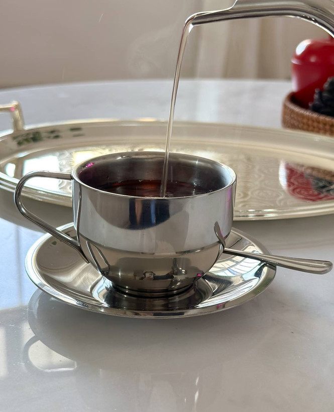 فنجون دوجداره استیل حجم ١٨٠میل به همراه نعلبکی و قاشق استیل 304